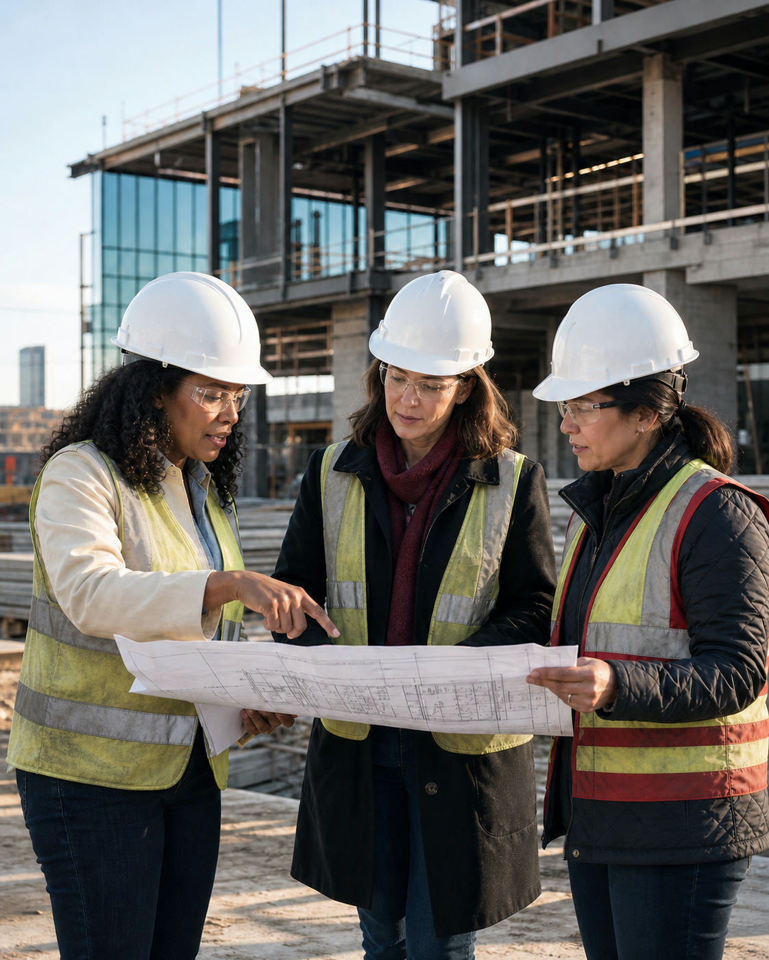 Three women construction professionals in hard hats and well-used safety vests review building plans together at a jobsite.